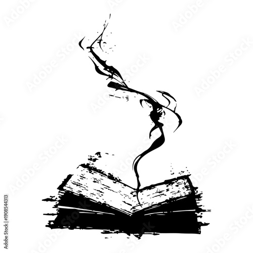 Magic open book with mystical smoke rising in black grunge ink style
