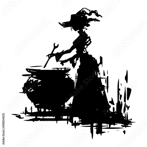 Witch silhouette stirring magic potion in cauldron with grunge ink texture