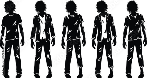 WebCollection of creepy zombie silhouettes in tattered clothes, standing undead figures in black isolated on white background for spooky Halloween horror graphic design elements