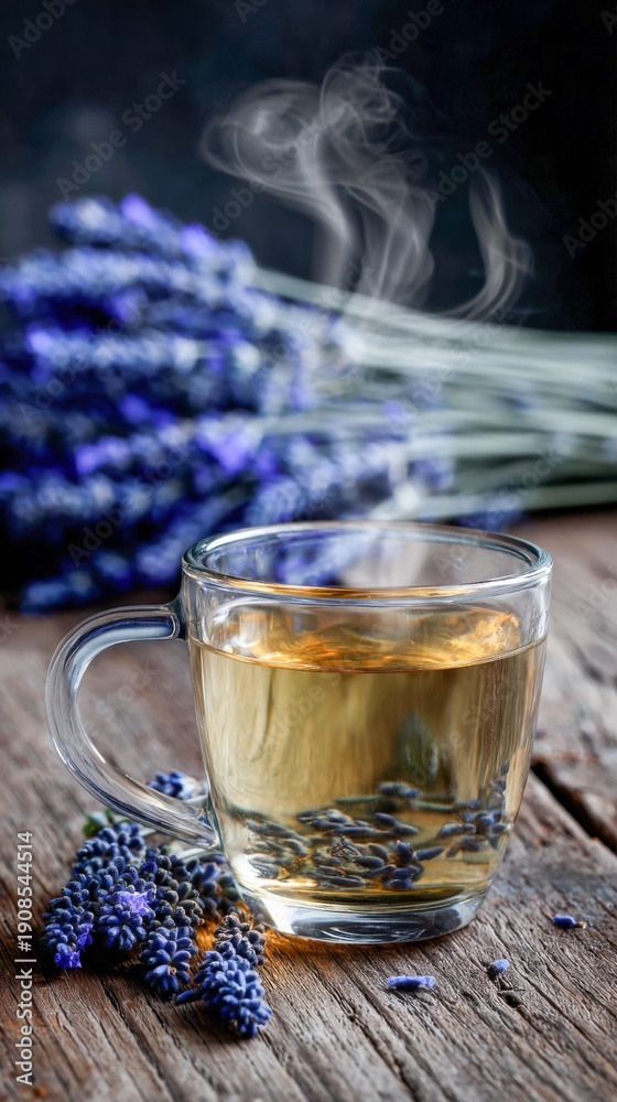 Fototapeta premium Herbal tea in glass cup with lavender flowers on wooden table