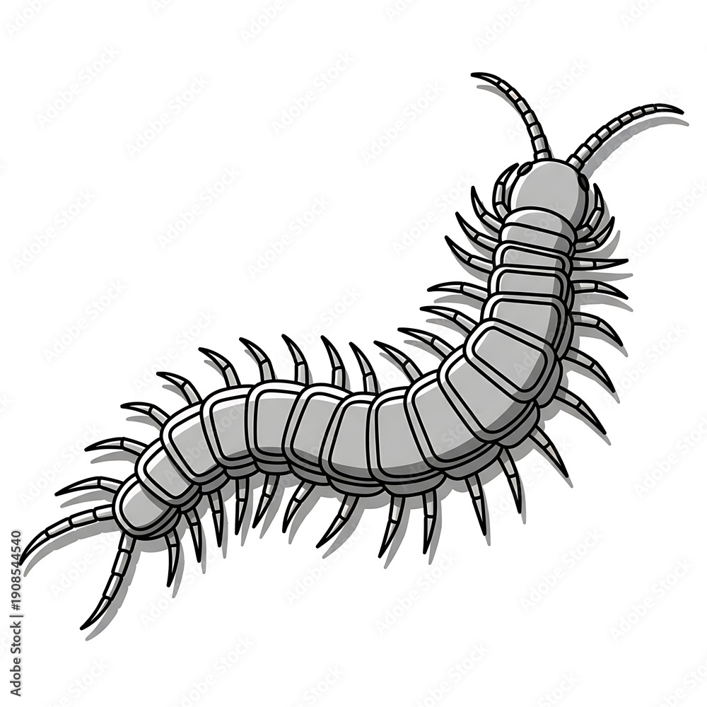 Fototapeta premium Cartoon gray centipede with many legs and antennae on a white background