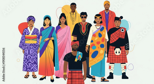 Diverse group of people wearing traditional clothing from around the world standing together