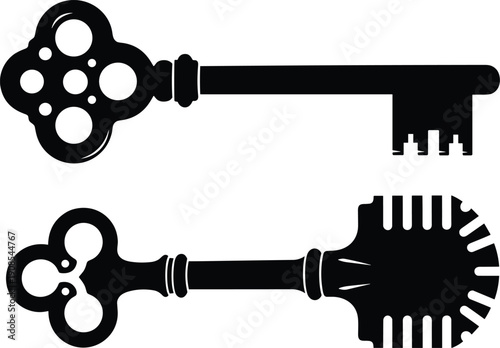 Black silhouette vector illustration of two ornate vintage keys with decorative bows and detailed bits, antique design for lock symbolism