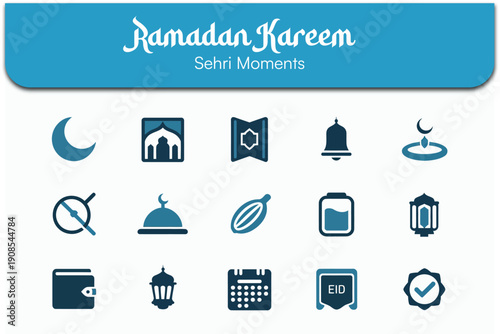 Collection of essential blue silhouette icons representing various elements and traditions associated with Ramadan Kareem sehri moments and religious observance activities.