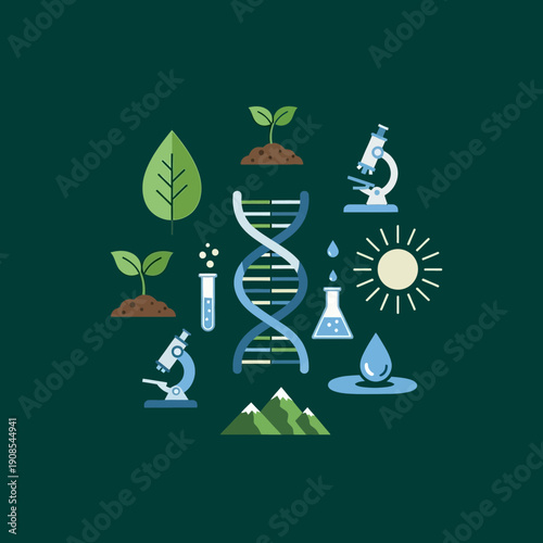 Biotechnology concept with DNA, plants, microscope, and sun