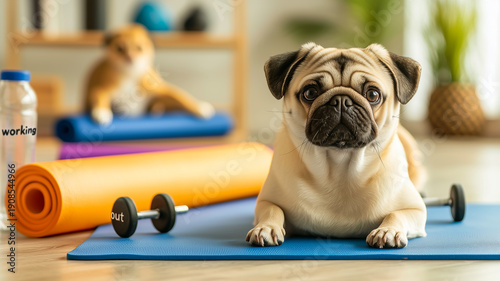 Dog Exercises With Dumbbells While Cat Stretches on Yoga Mat for Healthy Pet Lifestyle