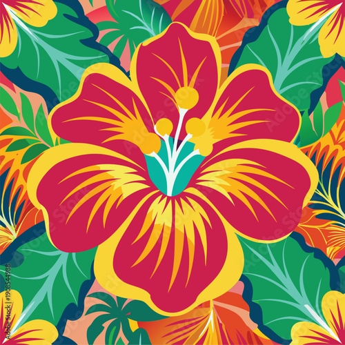 Floral pattern of hibiscus flowers and leaves