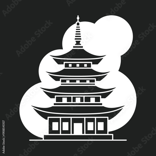 Elegant minimalist vector icon illustrating a traditional Japanese pagoda structure, rendered in clean white lines against a dark background with subtle abstract shapes