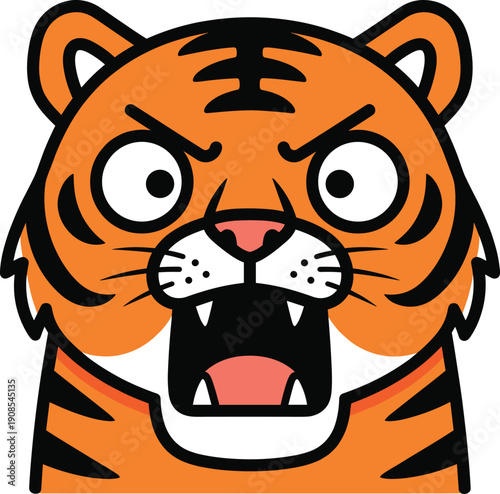Fierce Tiger Face Cartoon Character with Aggressive Expression for Jungle Wildlife Education Sports Mascot Branding and Lunar New Year Vector Illustration Designs