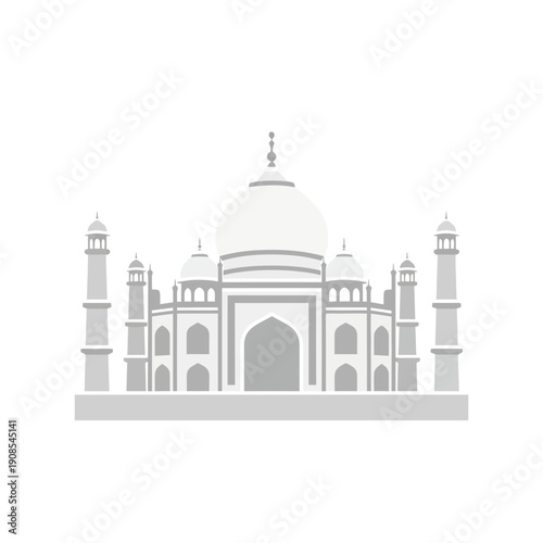 Flat design vector icon Taj Mahal, iconic Indian monument. Distinguished Mughal architecture, prominent dome and symmetrical minarets. Symbolizes heritage and travel