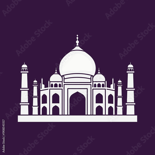 White Silhouette of the Taj Mahal Mausoleum on a Dark Purple Background - A Minimalist Representation of an Iconic Indian Landmark