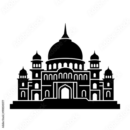 Minimalist black silhouette of a historical grand building, featuring majestic domes and intricate architectural details, symbolizing cultural heritage and artistic splendor