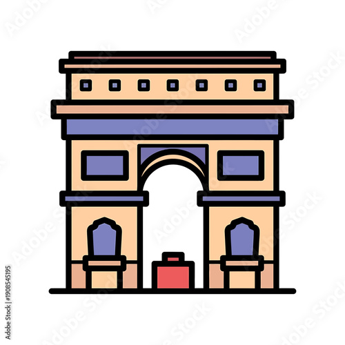 Stylized flat design vector illustration of an iconic triumphal arch monument, symbolizing historical grandeur, architectural beauty, and a significant European travel destination