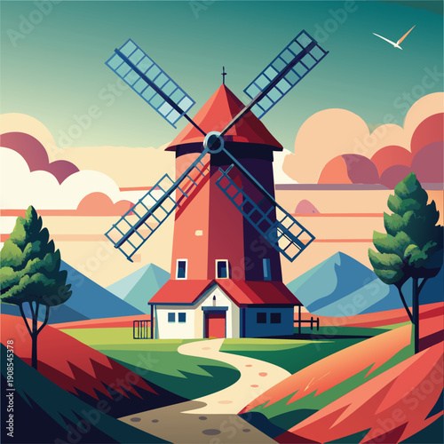 A picturesque red windmill stands in a stylized landscape with rolling hills and mountains.