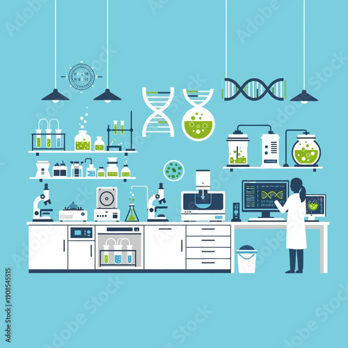 Modern Science Laboratory with DNA, Microscopes, and Scientific Equipment
