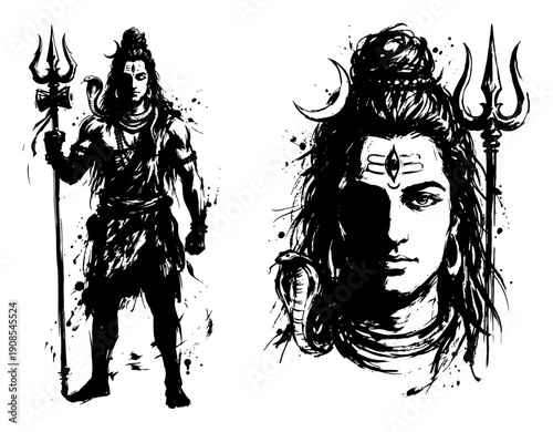 Black and white grunge sketches of Hindu God Shiva standing with trident and portrait