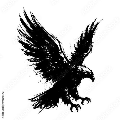 Flying eagle bird of prey with open wings ink drawing
