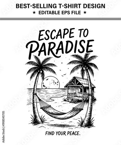 Escape to paradise  serene beach scene with hut and hammock between palm trees under full moon  tranquil tropical getaway illustration ideal for summer vibes
