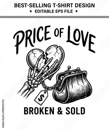 Skeleton best selling t-shirt dsign hands holding broken heart with purse and price tag isolated on transparent background