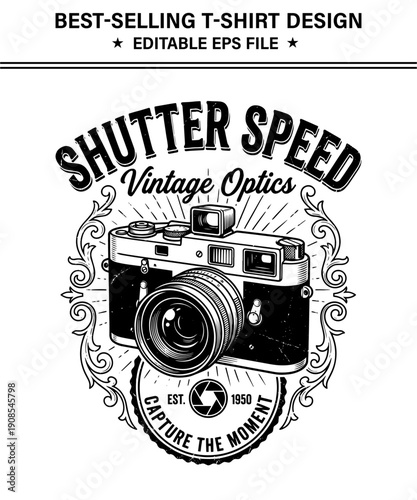 Vintage best selling t-shirt dsign camera with ornate design elements and text shutter speed and capture the moment on transparent background