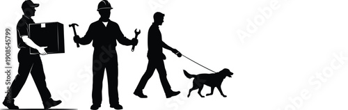 Silhouettes of people walking with dog and work tools