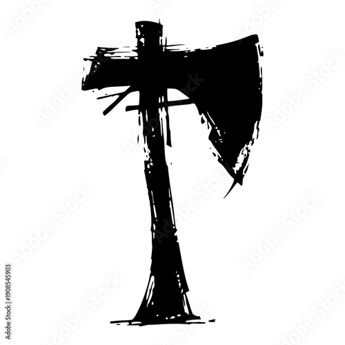 Single headed woodcutter axe silhouette in rough grunge ink style