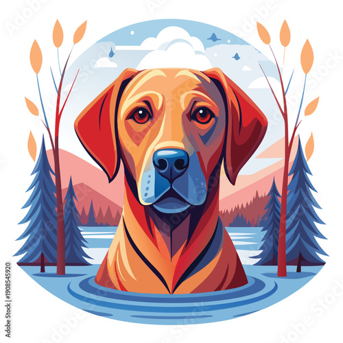 Dog in water. autumn scene