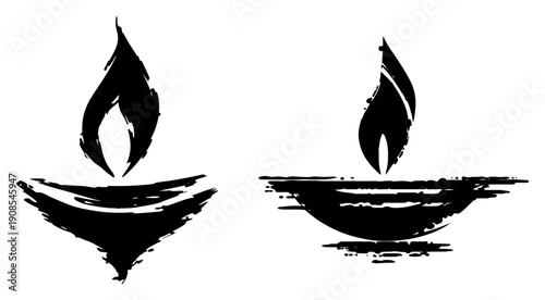 Two traditional oil lamps with burning flames in black ink sketch style