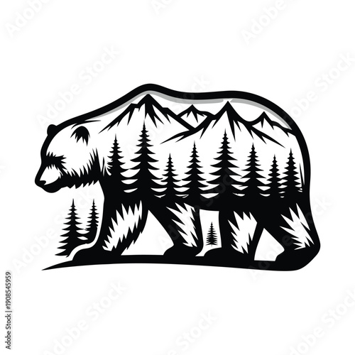 Silhouette of a Bear with Mountain Landscape & Pine Trees Inside, Black and White