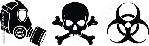 Black vector icons of gas mask, skull crossbones, and biohazard symbol representing toxic danger, safety warning, hazardous materials signage