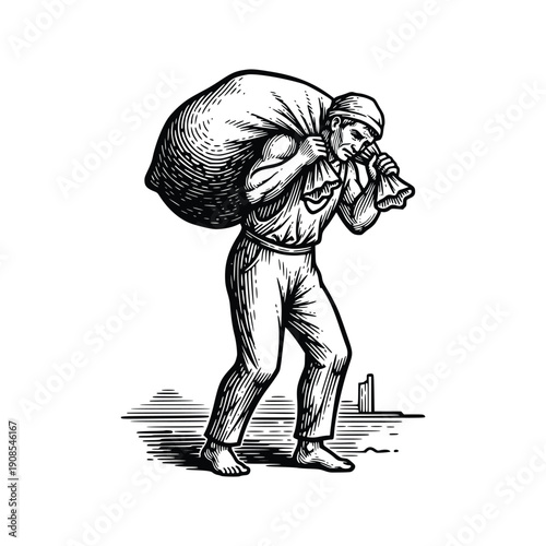 Engraving art Man Carrying Heavy Sack on Shoulder Vintage Woodcut Illustration
