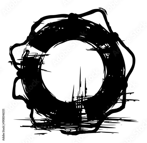 Black grunge lifebuoy icon with ropes drawn in a distressed ink style