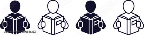 Set of Reading Person Icons, Minimalist Book Reader Avatars in Solid and Outline Style for Education and Literacy Concepts