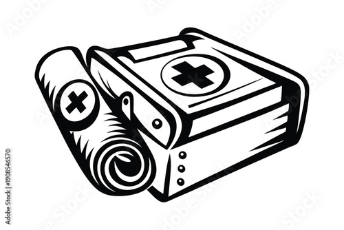  Medical Bag With Bandage Roll Black and White Outline Design 84 Char