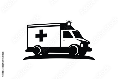 Isolated Ambulance Car with Cross Symbol, Medical Transport Vehicle Black and White Art