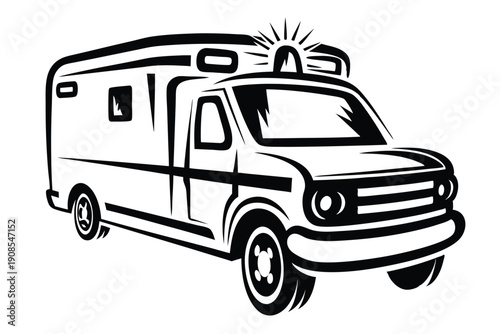 Isolated Ambulance Car with Cross Symbol, Medical Transport Vehicle Black and White Art