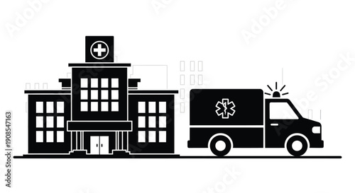 Hospital building and ambulance vehicle in a stark graphic silhouette