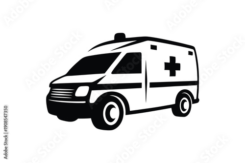 Isolated Ambulance Car with Cross Symbol, Medical Transport Vehicle Black and White Art
