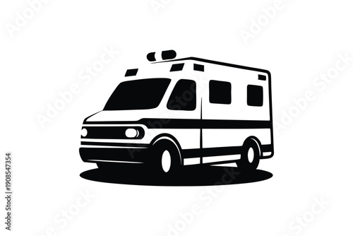 Isolated Ambulance Car with Cross Symbol, Medical Transport Vehicle Black and White Art