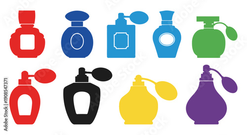 Colorful perfume bottle designs in a flat graphic silhouette