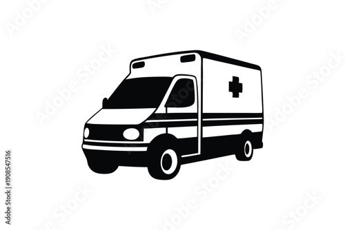 Isolated Ambulance Car with Cross Symbol, Medical Transport Vehicle Black and White Art