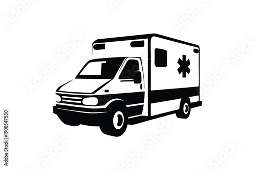 Isolated Ambulance Car with Cross Symbol, Medical Transport Vehicle Black and White Art