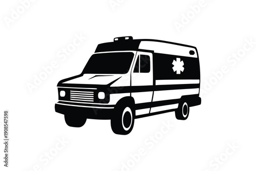 Isolated Ambulance Car with Cross Symbol, Medical Transport Vehicle Black and White Art