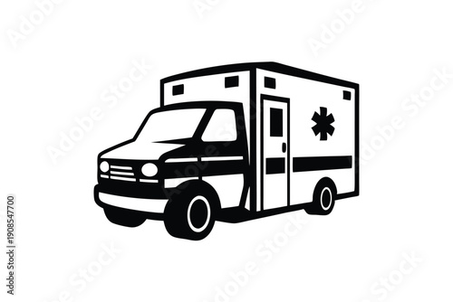 Isolated Ambulance Car with Cross Symbol, Medical Transport Vehicle Black and White Art