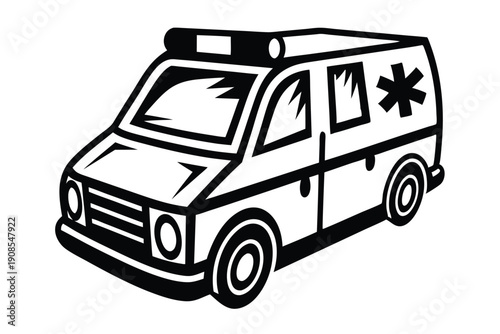 Isolated Ambulance Car with Cross Symbol, Medical Transport Vehicle Black and White Art