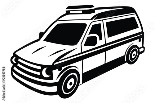 Isolated Ambulance Car with Cross Symbol, Medical Transport Vehicle Black and White Art