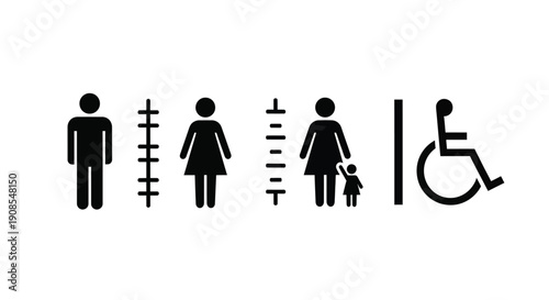 Accessibility signage depicting people including wheelchair users in silhouette
