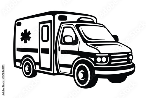 Isolated Ambulance Car with Cross Symbol, Medical Transport Vehicle Black and White Art