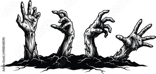 WebZombie, hands, rising, ground, horror, spooky, undead, cemetery, grave, macabre, illustration, monster, creepy, Halloween, apocalypse
