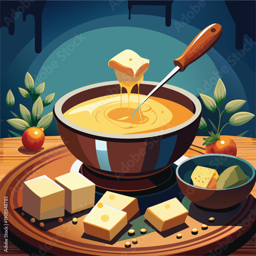 Cheese fondue with bread in a large bowl